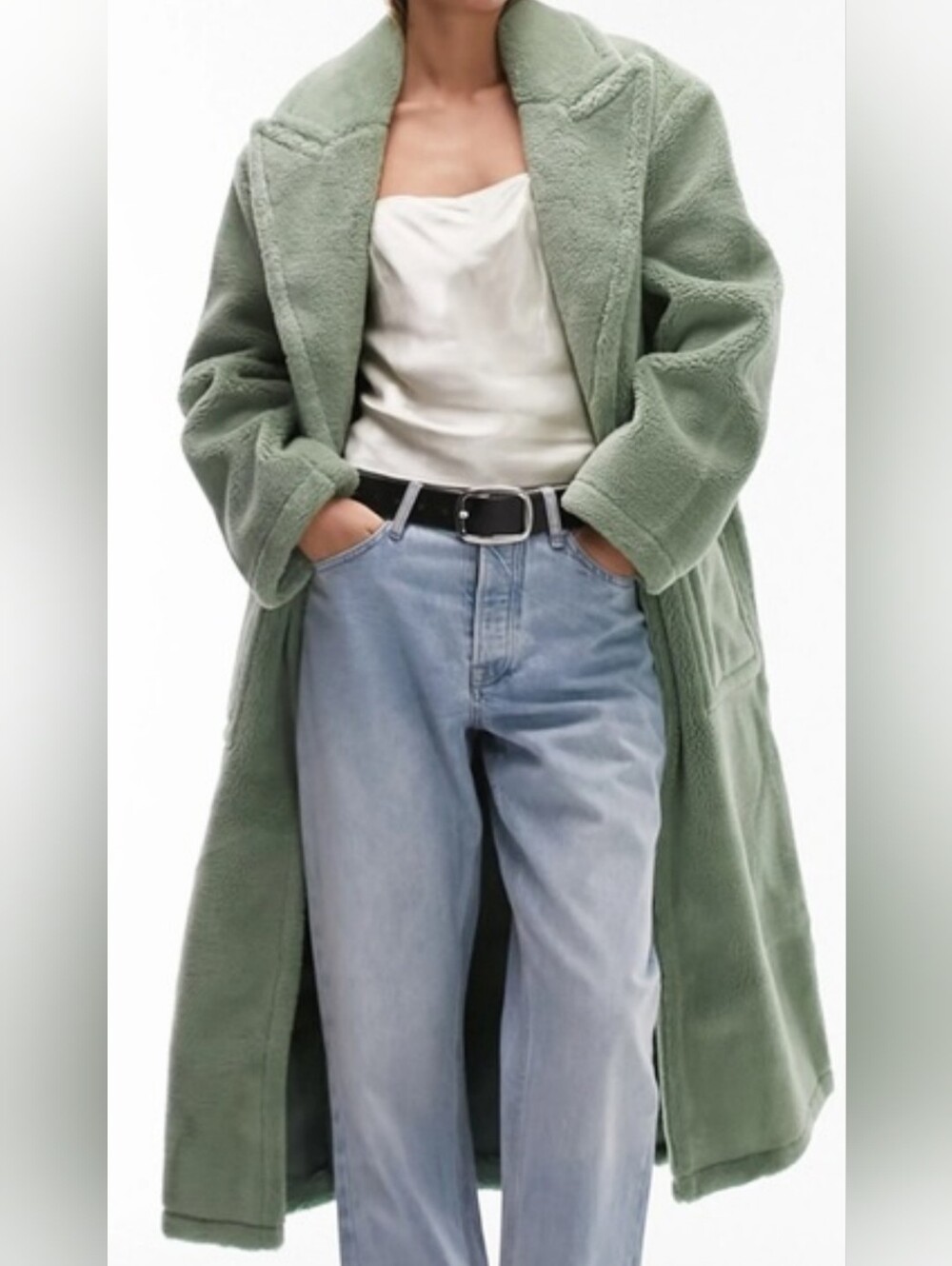 Topshop Sage Green Faux Shearling Long Coat